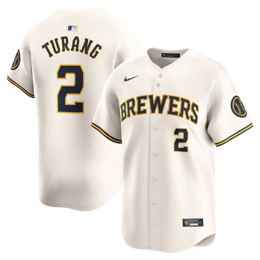 Mens Milwaukee Brewers #2 Brice Turang Nike Cream MLB Limited Jersey